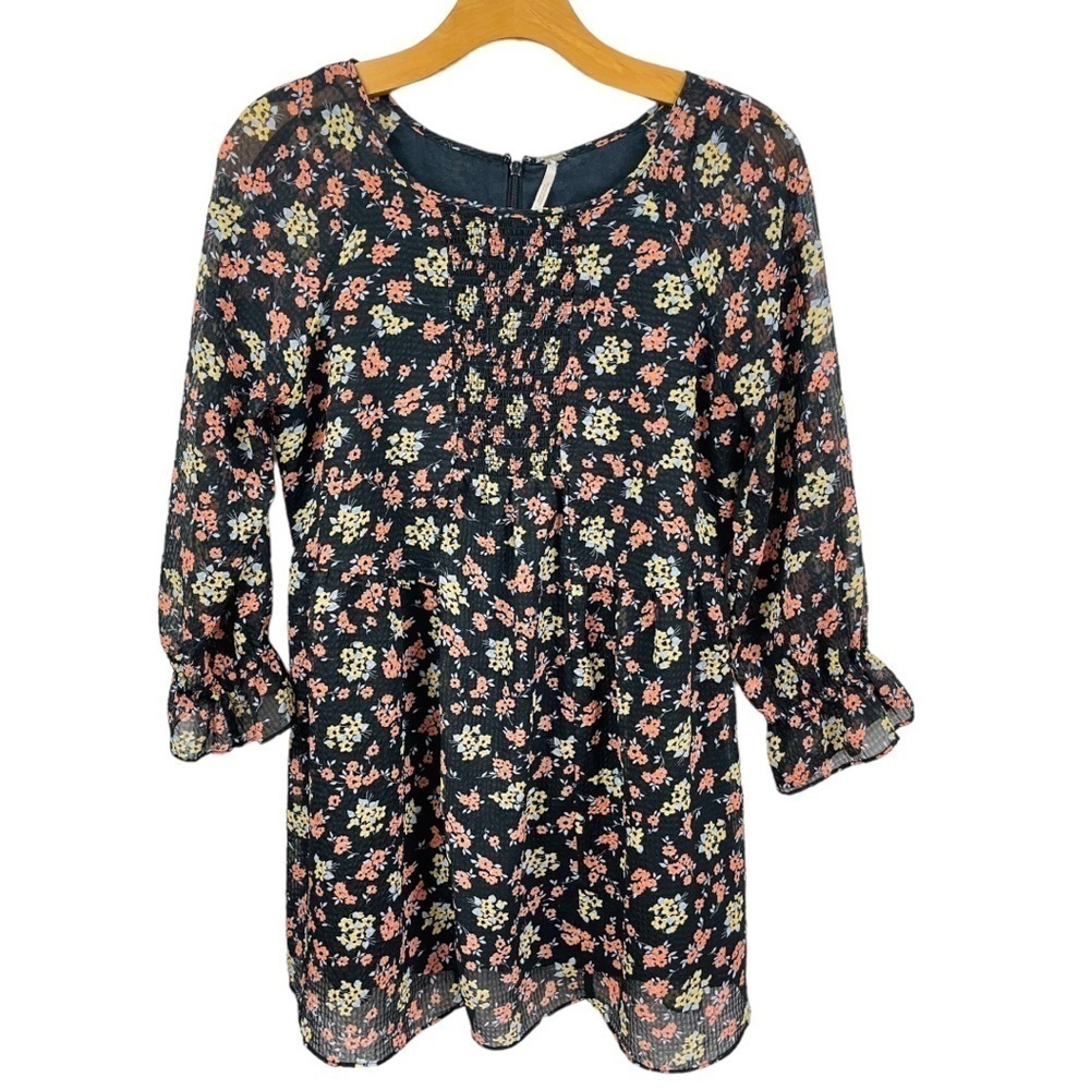 Free People Doll Pants Chiffon Baby Doll Ditsy Floral Dress w/ Smocked Bodice 2 - Picture 5 of 10